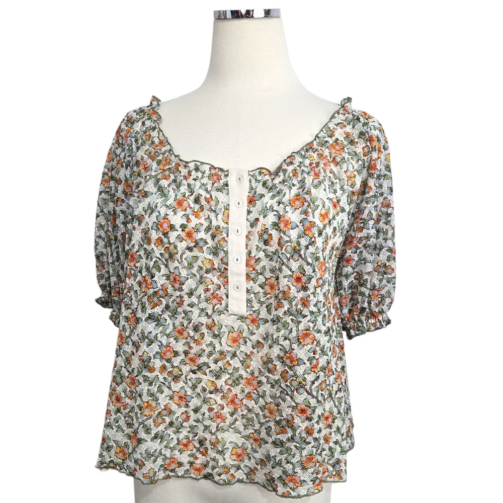Women’s Floral Peasant Top - Cream with Orange & Green